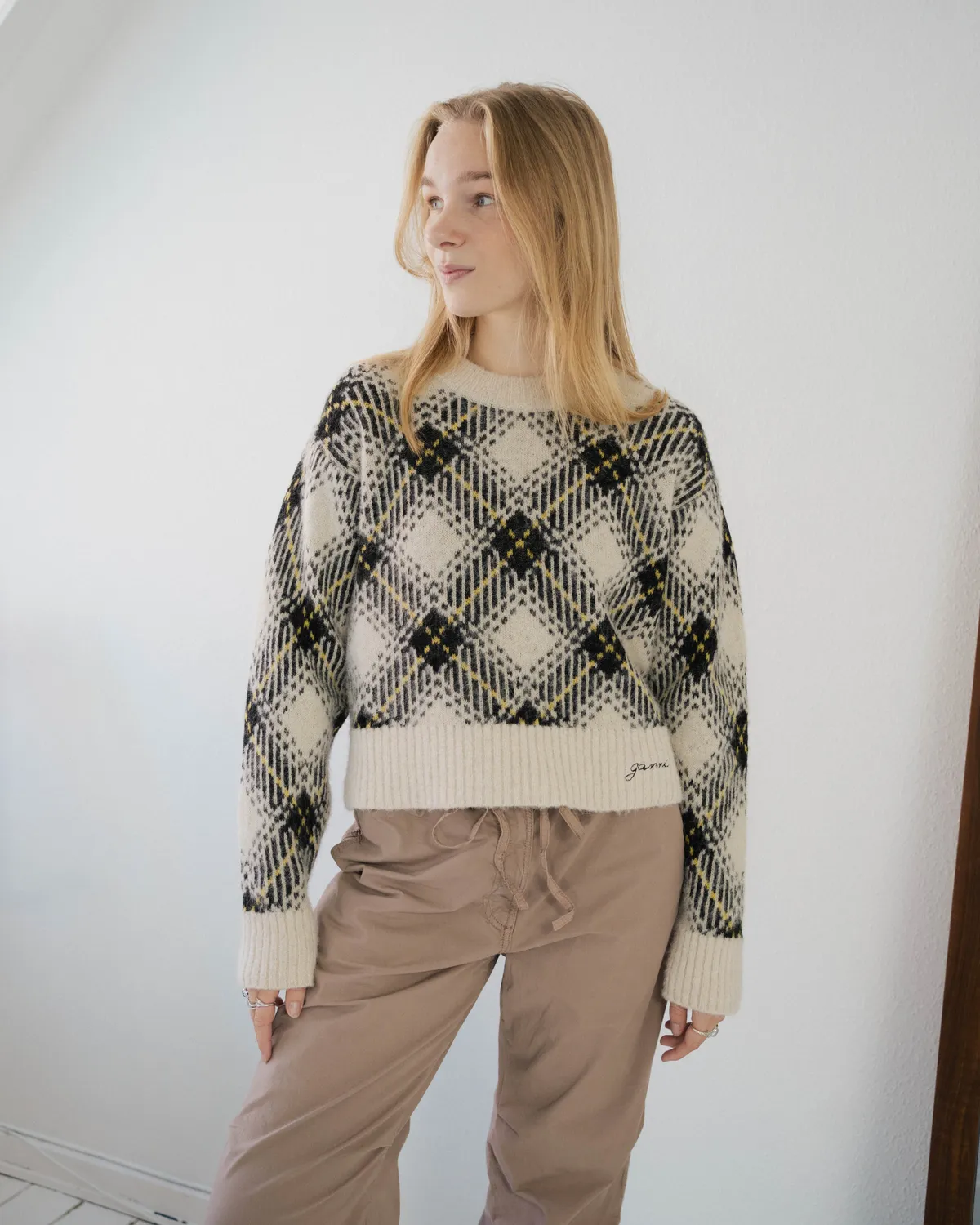 Anna Vilma - Check Wool Oversized Pullover - Egret