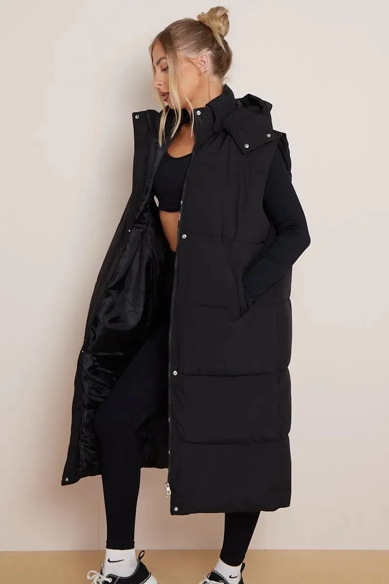 Black Versatile Waist Tie Hooded Thermal Gilet