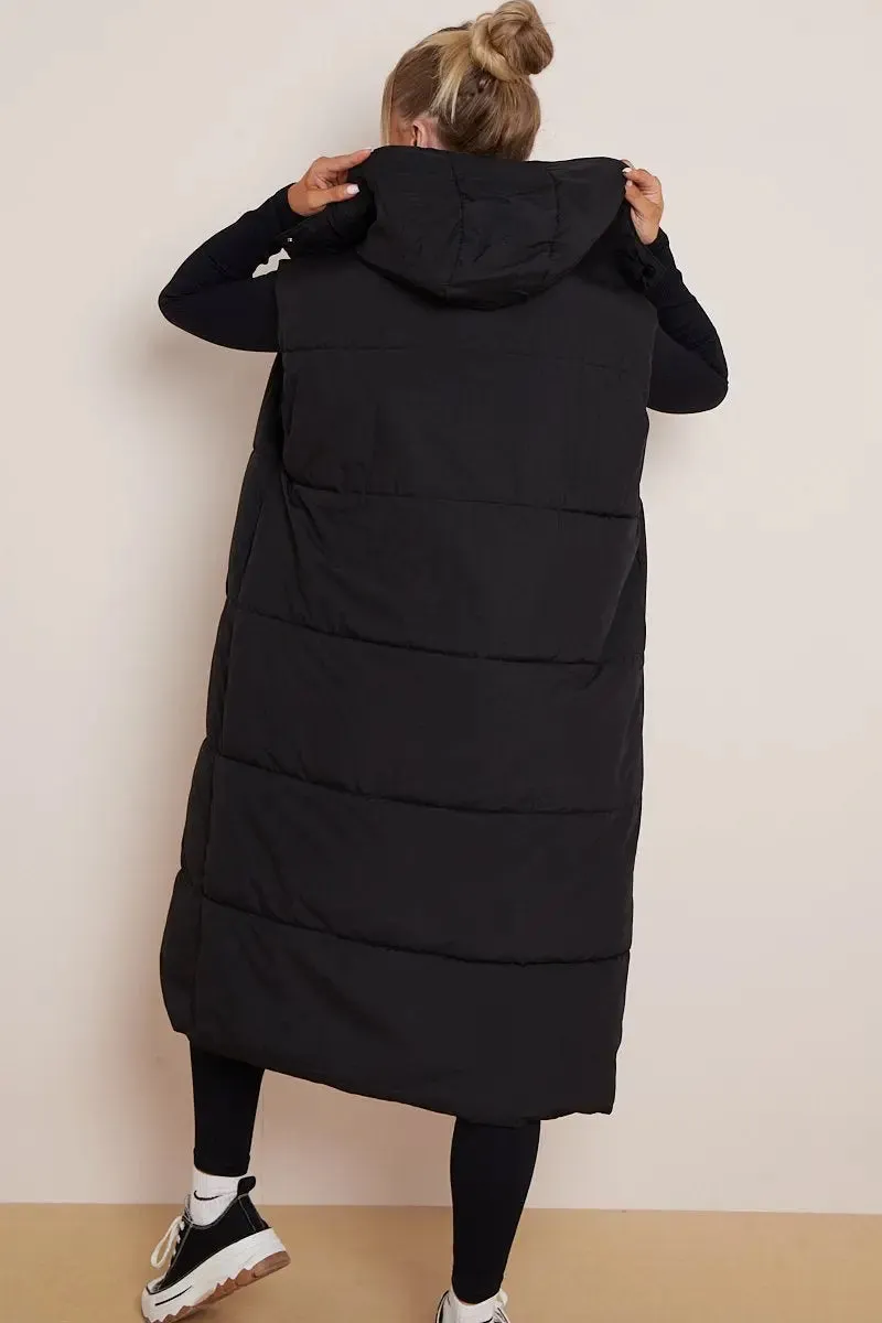 Black Versatile Waist Tie Hooded Thermal Gilet