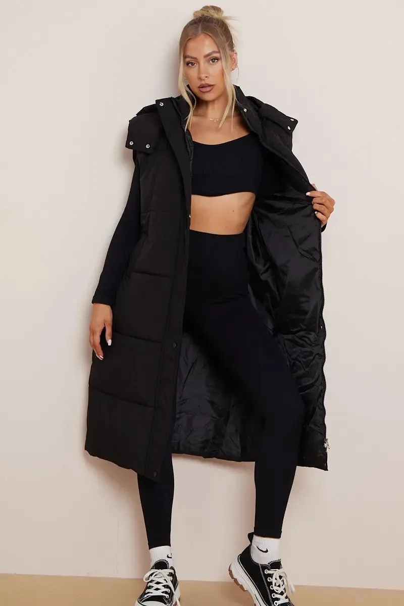 Black Versatile Waist Tie Hooded Thermal Gilet