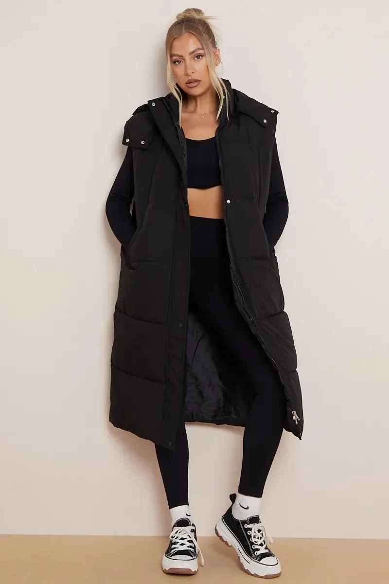 Black Versatile Waist Tie Hooded Thermal Gilet