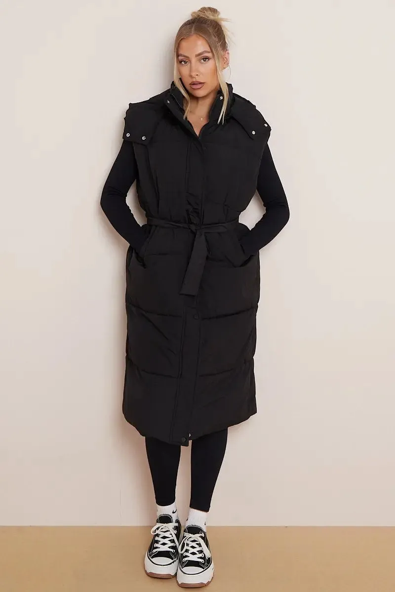 Black Versatile Waist Tie Hooded Thermal Gilet