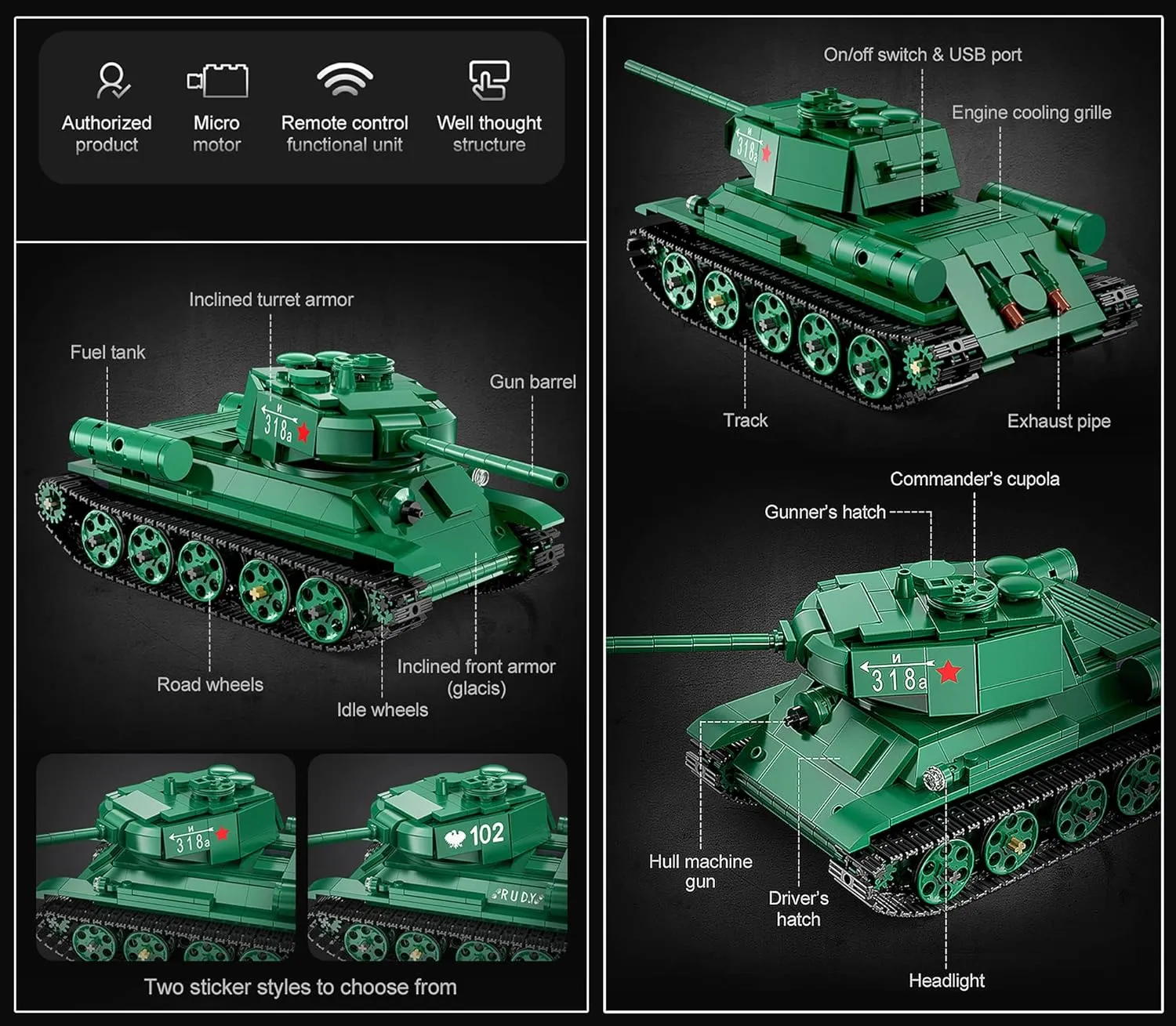 CaDA Remote Control Brick Model T-34 Tank