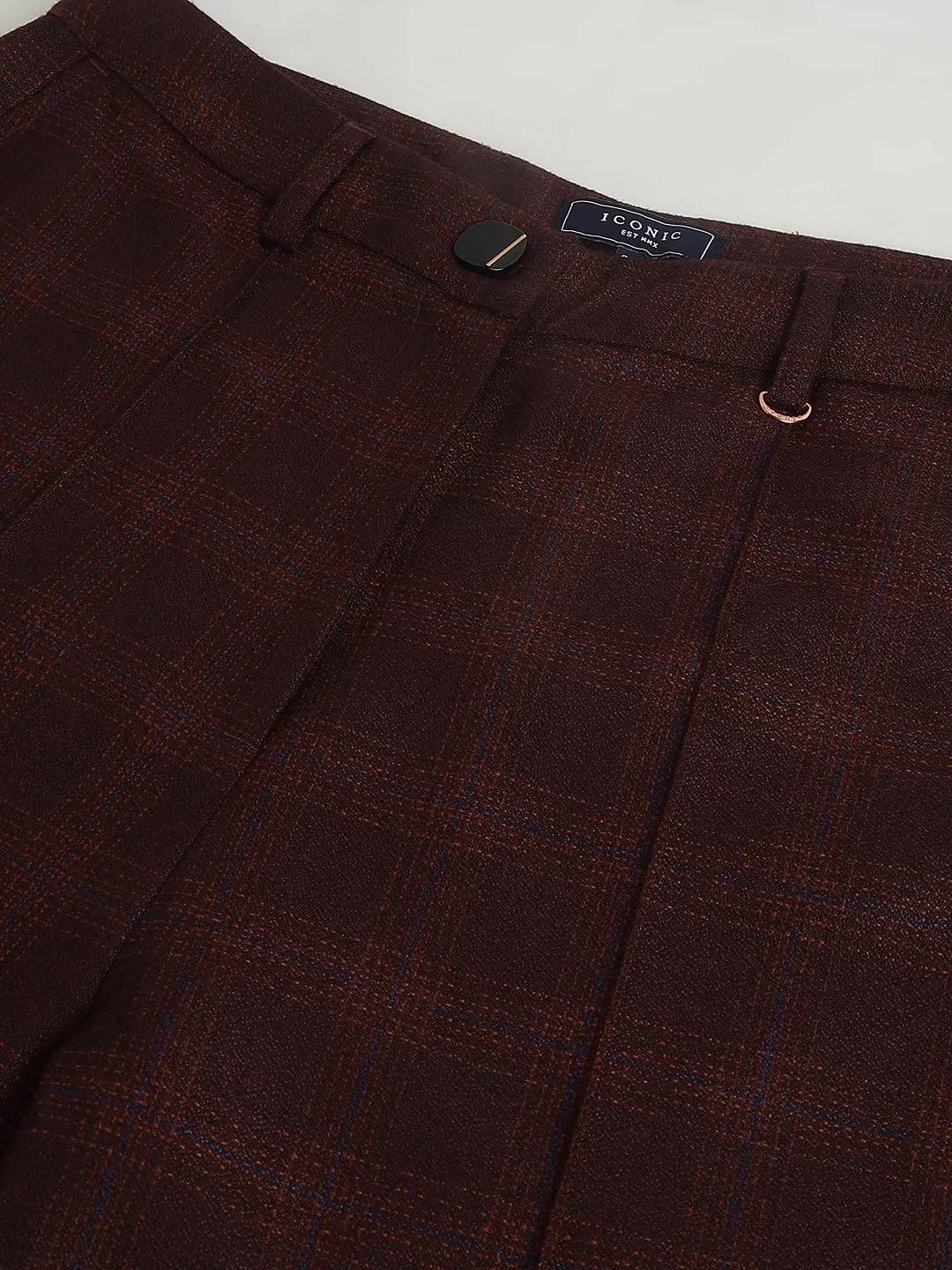 Iconic Women Wine Checked Mid-Rise Straight Fit Flat-front Trouser