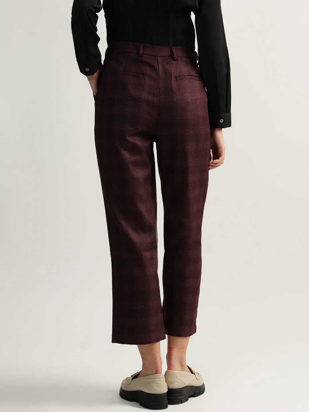 Iconic Women Wine Checked Mid-Rise Straight Fit Flat-front Trouser