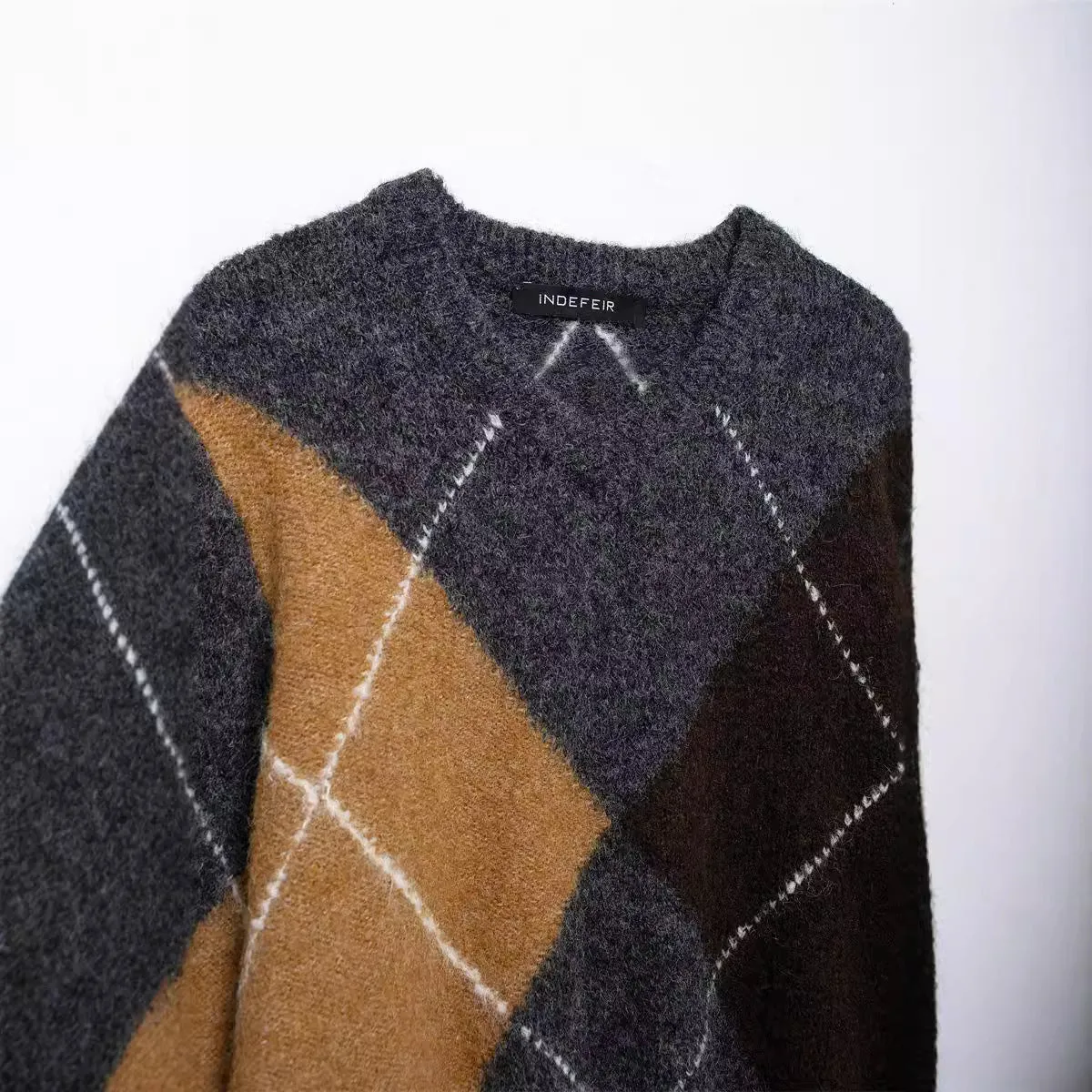 Ivyshape | Casual Round Neck Diamond-Pattern Sweater