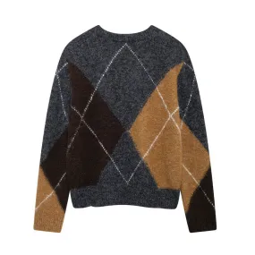 Ivyshape | Casual Round Neck Diamond-Pattern Sweater