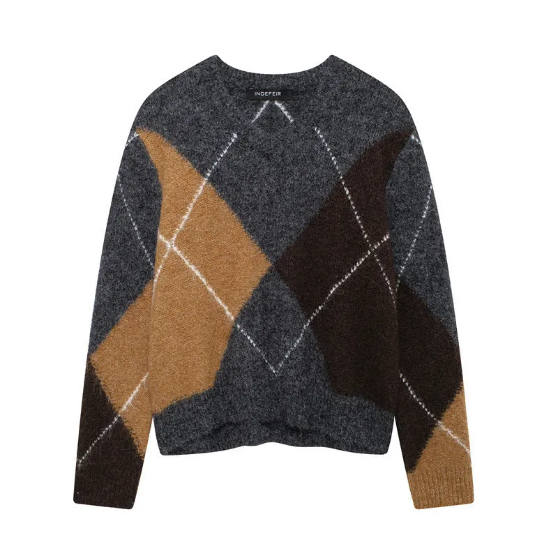 Ivyshape | Casual Round Neck Diamond-Pattern Sweater