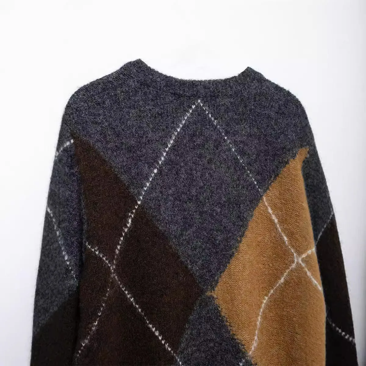 Ivyshape | Casual Round Neck Diamond-Pattern Sweater