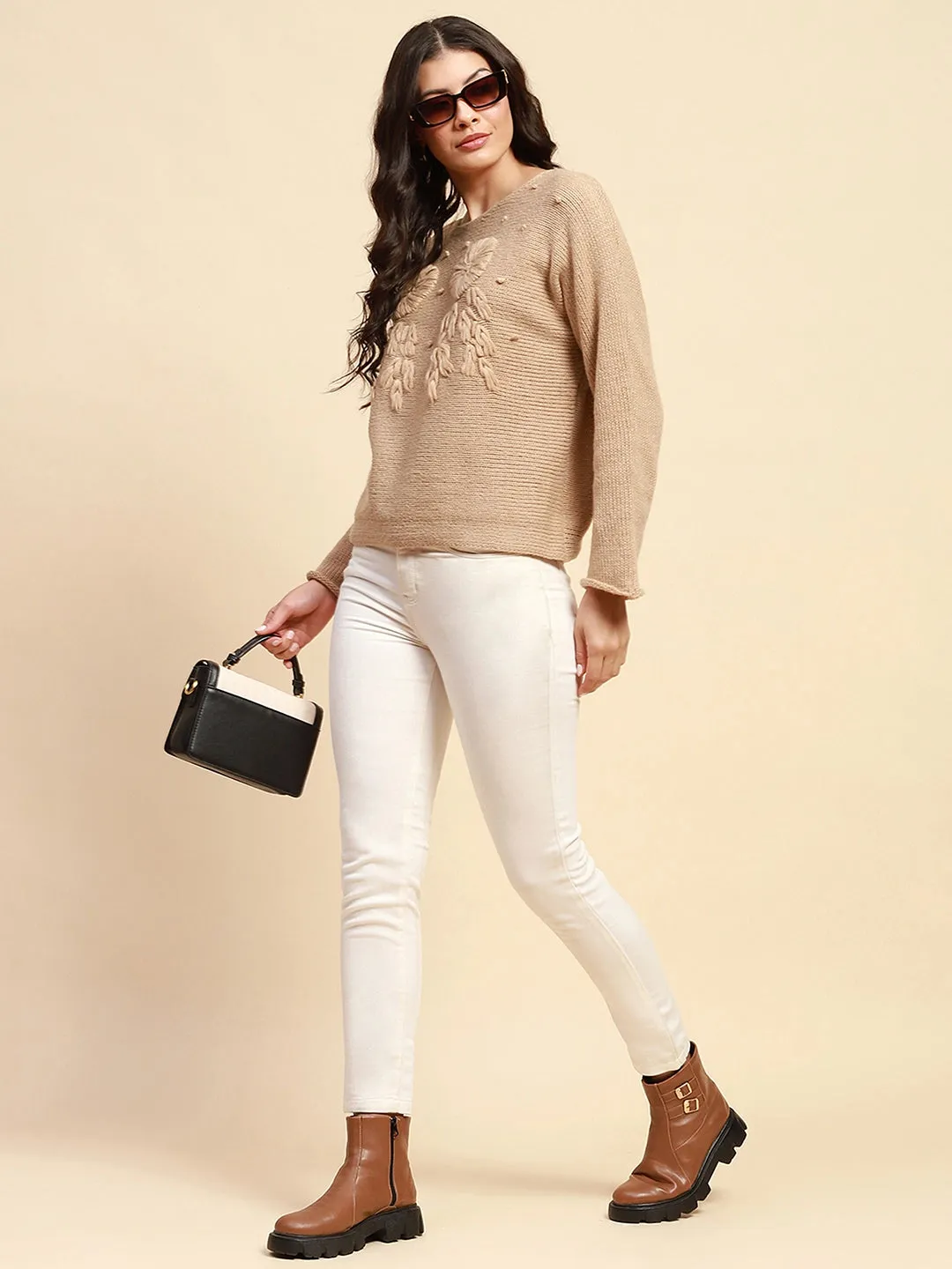 Khaki Poly Blend Relaxed Loose Fit Pullover For Women