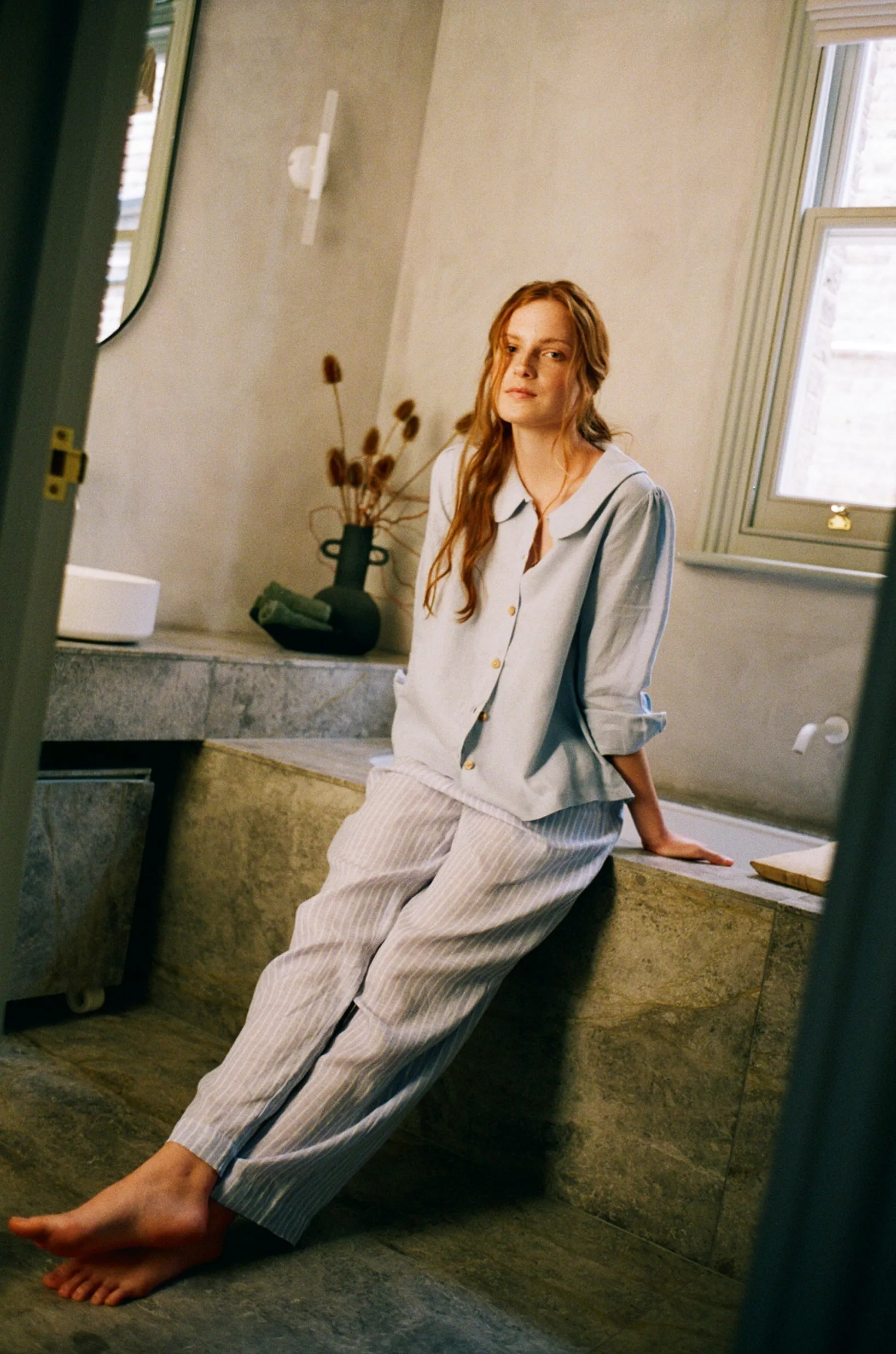 Maya Linen Trousers - Baby Blue Stripe