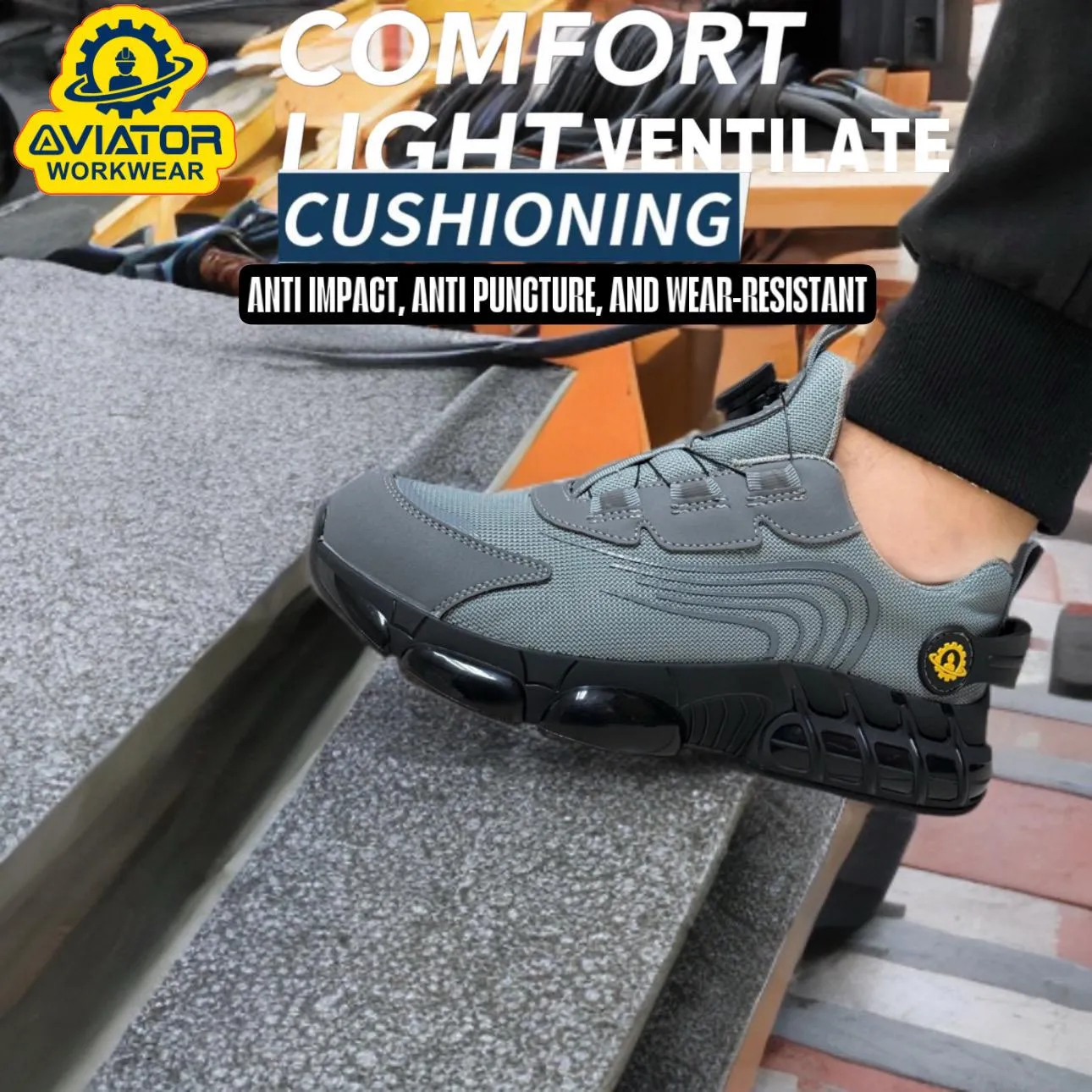 Men's Aviator Workwear Safety Shoes, Professional Steel Toe & Puncture Proof with Air Cushioned & Non Slip Sole - Breathable Shock-Absorbing