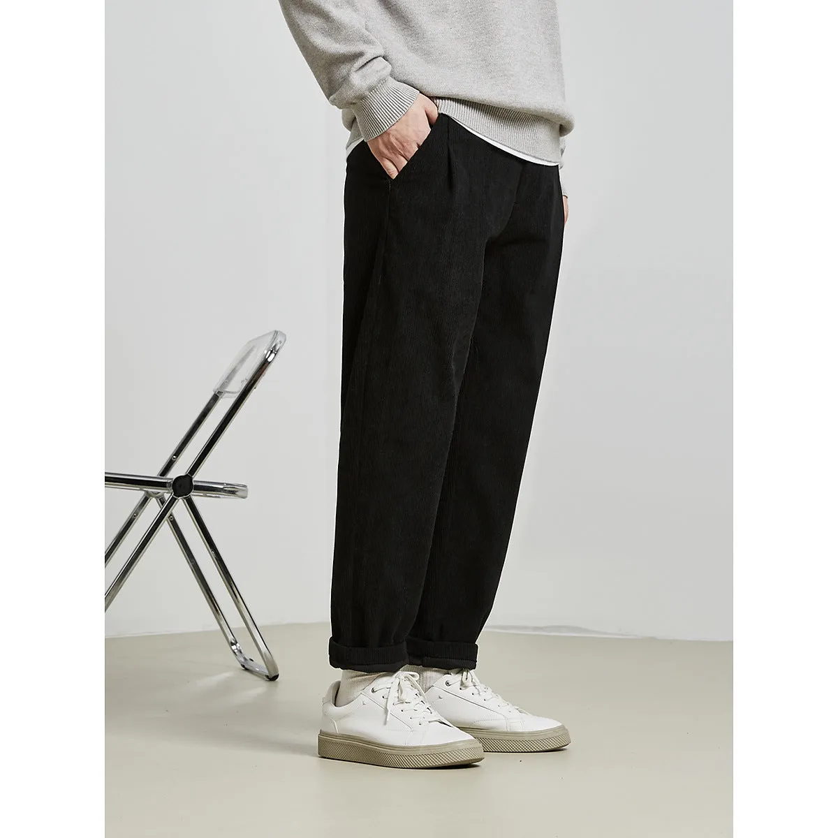Mens Corduroy Pants Fall Casual Pants Men's Loose Straight Men's Ankle Length Pants