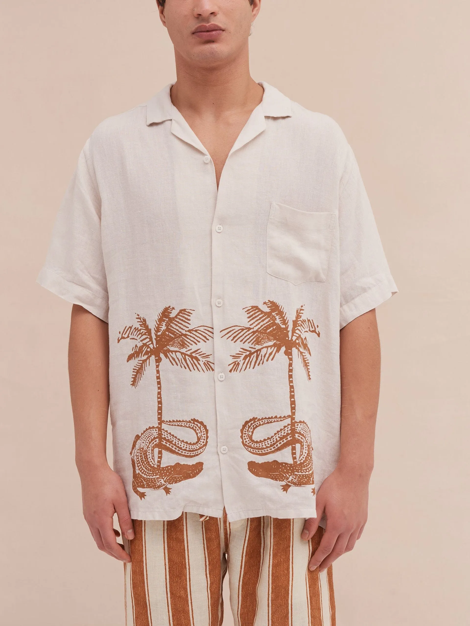 Men’s cuban long sleeve and trouser pyjama set croc/feluka cream/bronze linen