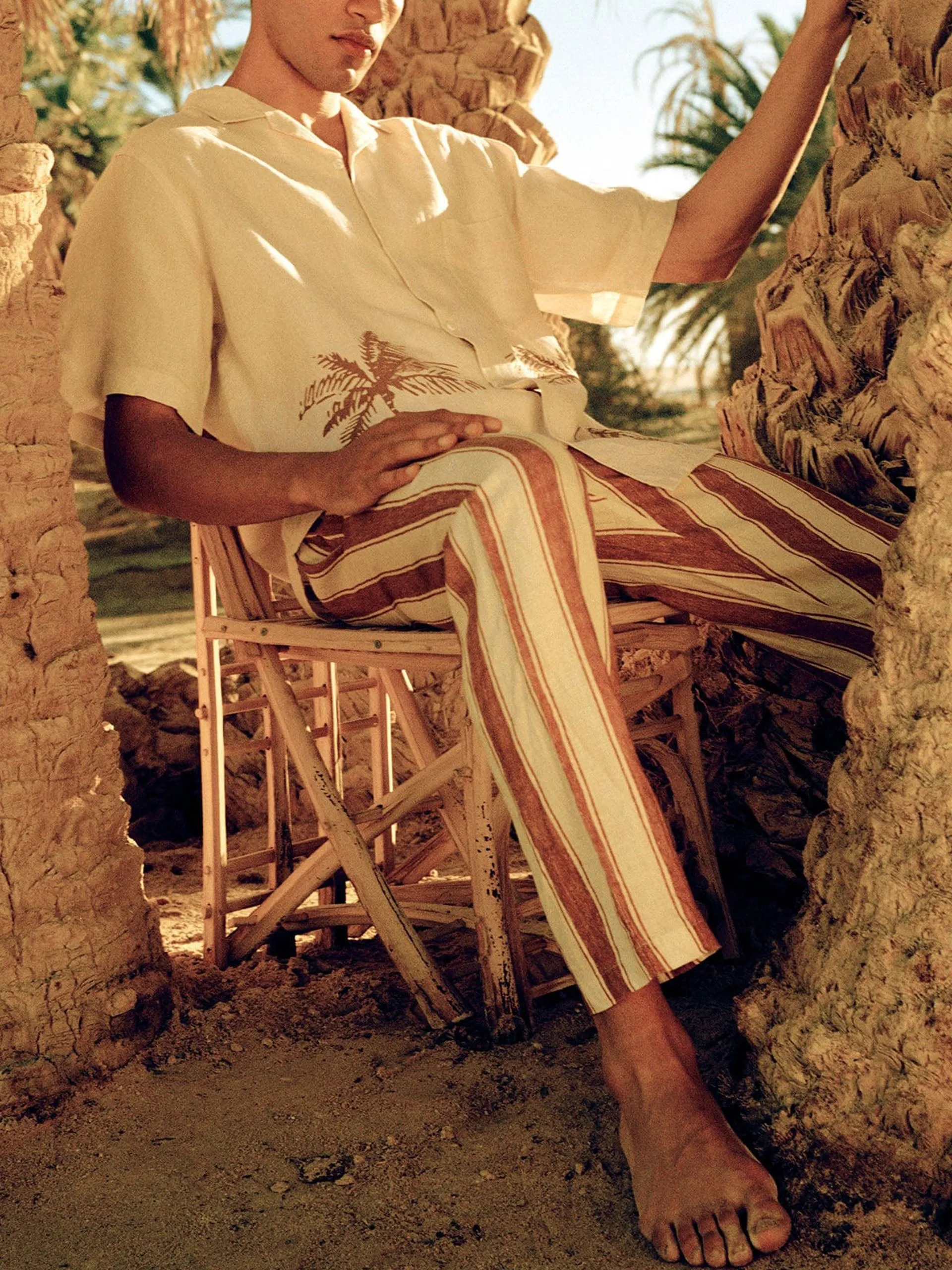 Men’s cuban long sleeve and trouser pyjama set croc/feluka cream/bronze linen