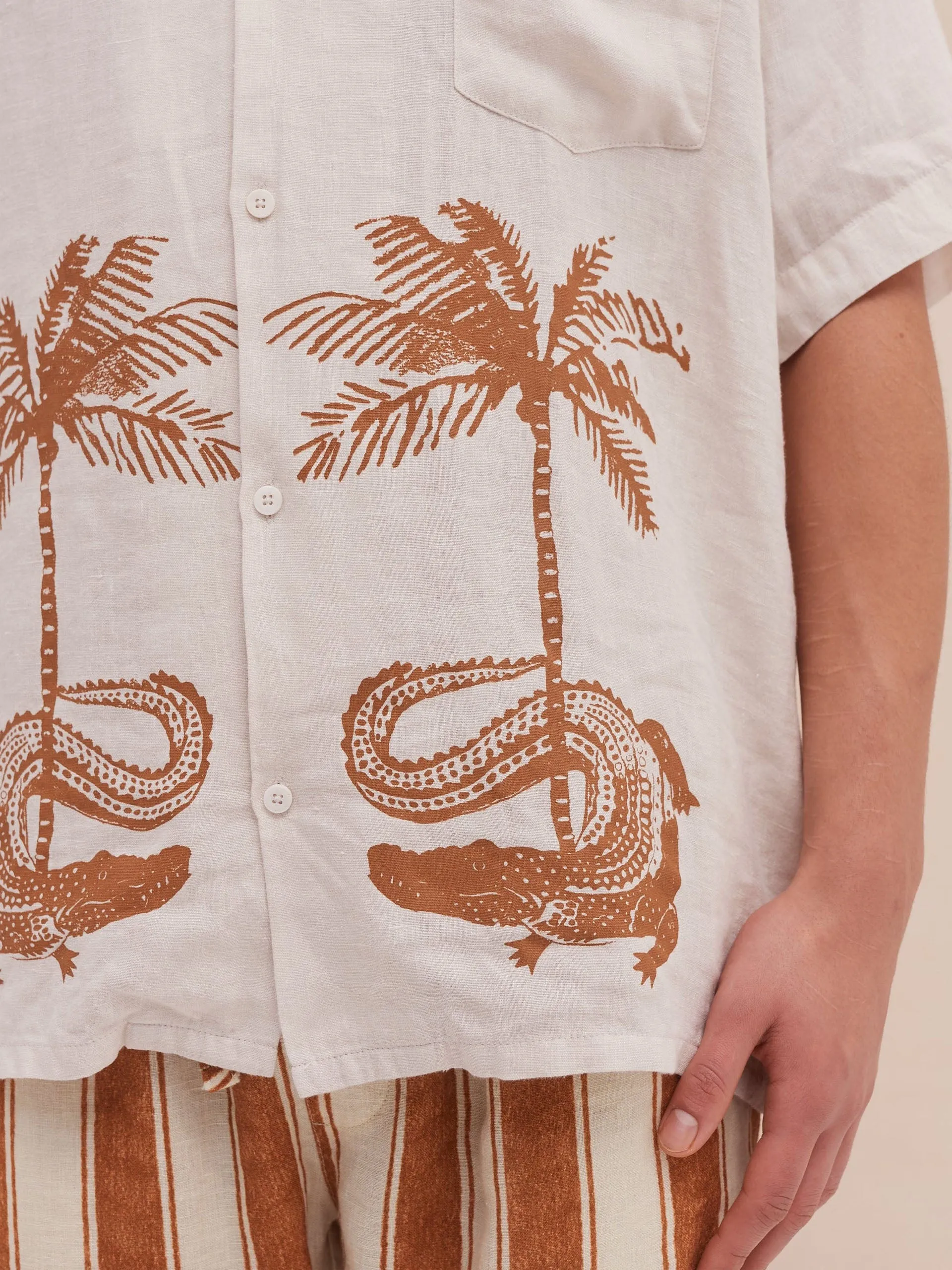 Men’s cuban long sleeve and trouser pyjama set croc/feluka cream/bronze linen