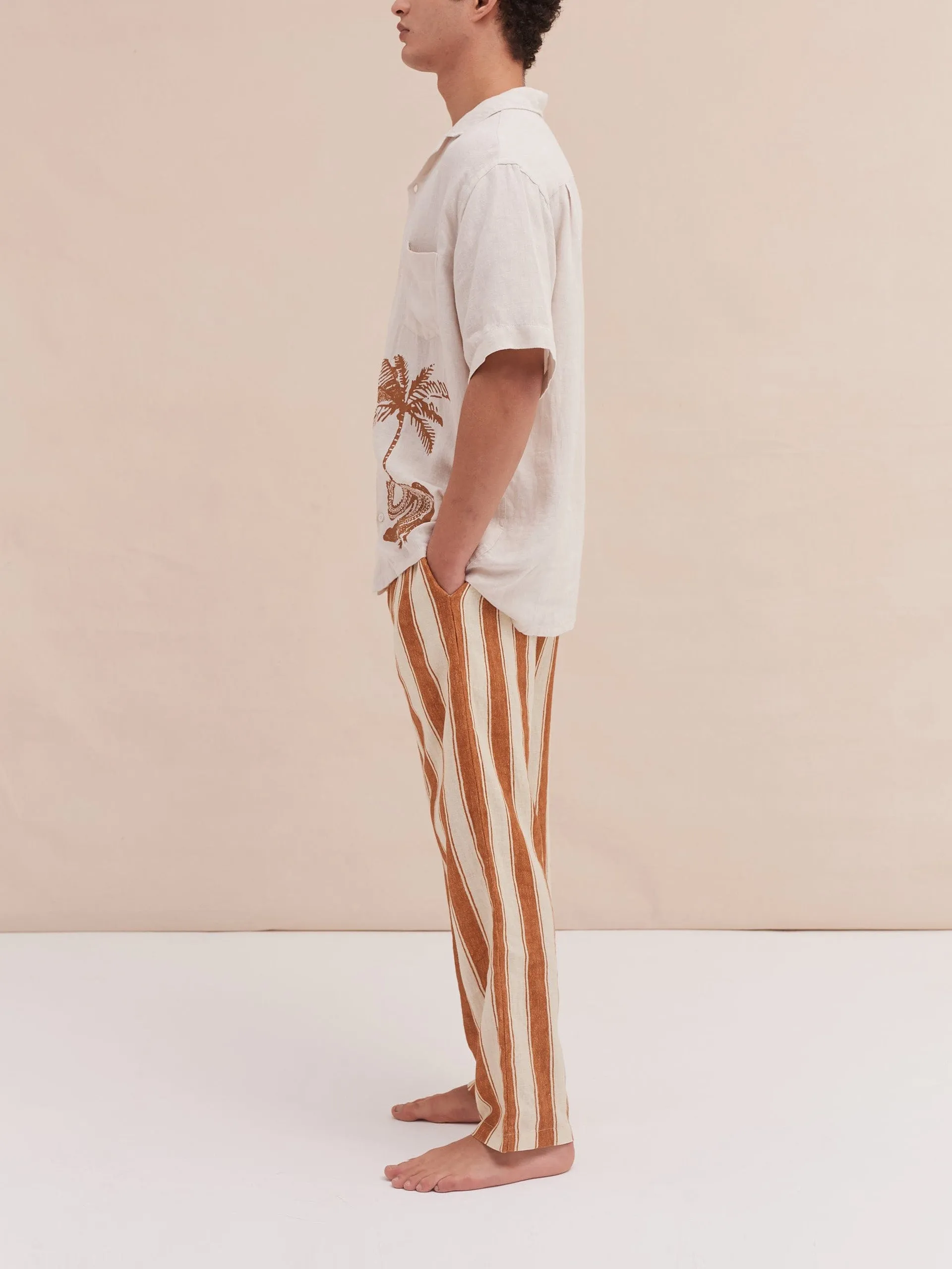 Men’s cuban long sleeve and trouser pyjama set croc/feluka cream/bronze linen