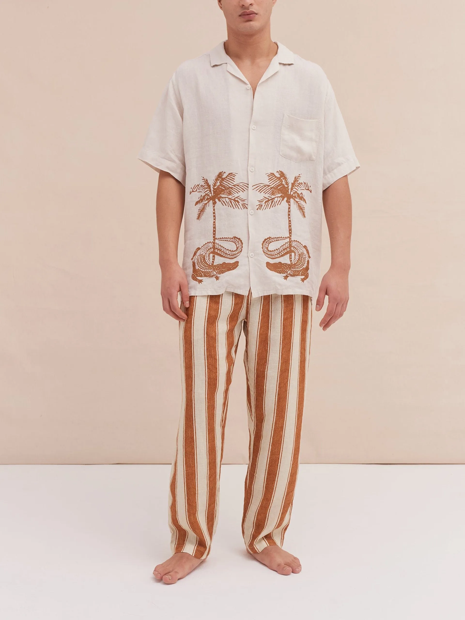 Men’s cuban long sleeve and trouser pyjama set croc/feluka cream/bronze linen