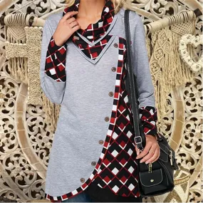 Plaids Patchwork Long Sleeve Button Asymmetrical Hem Sweatshirts