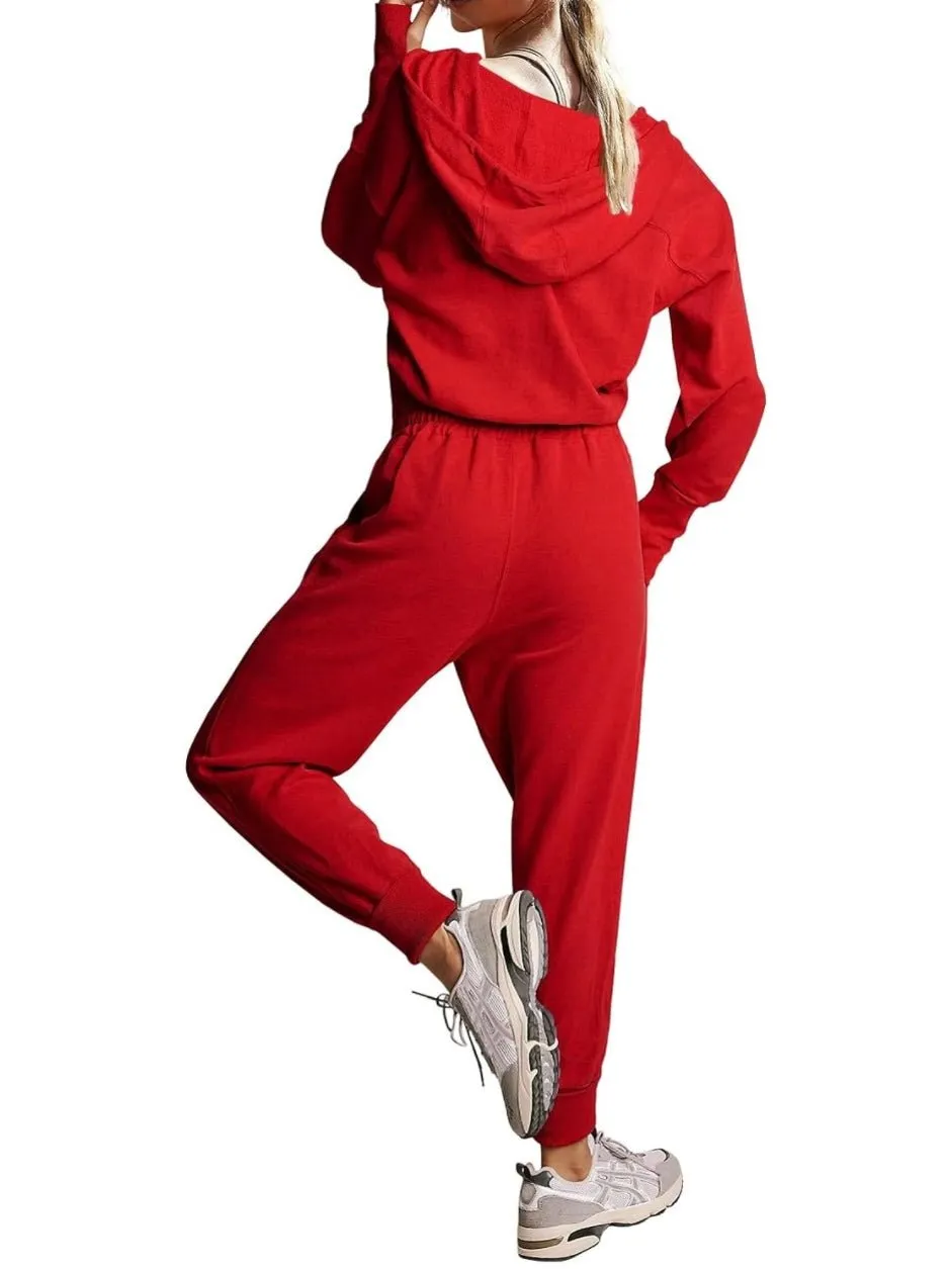 Red hooded loose jumper overall