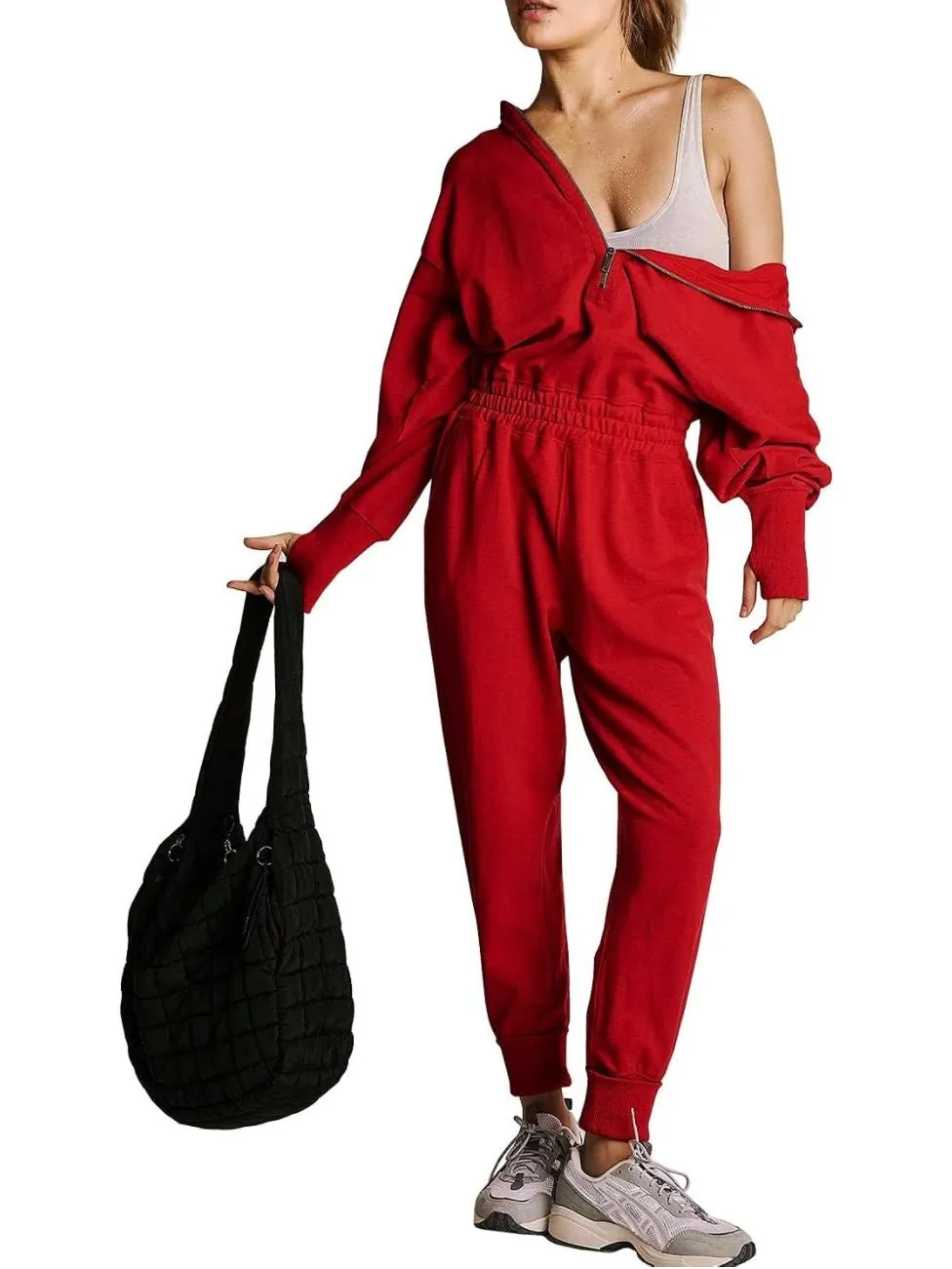 Red hooded loose jumper overall