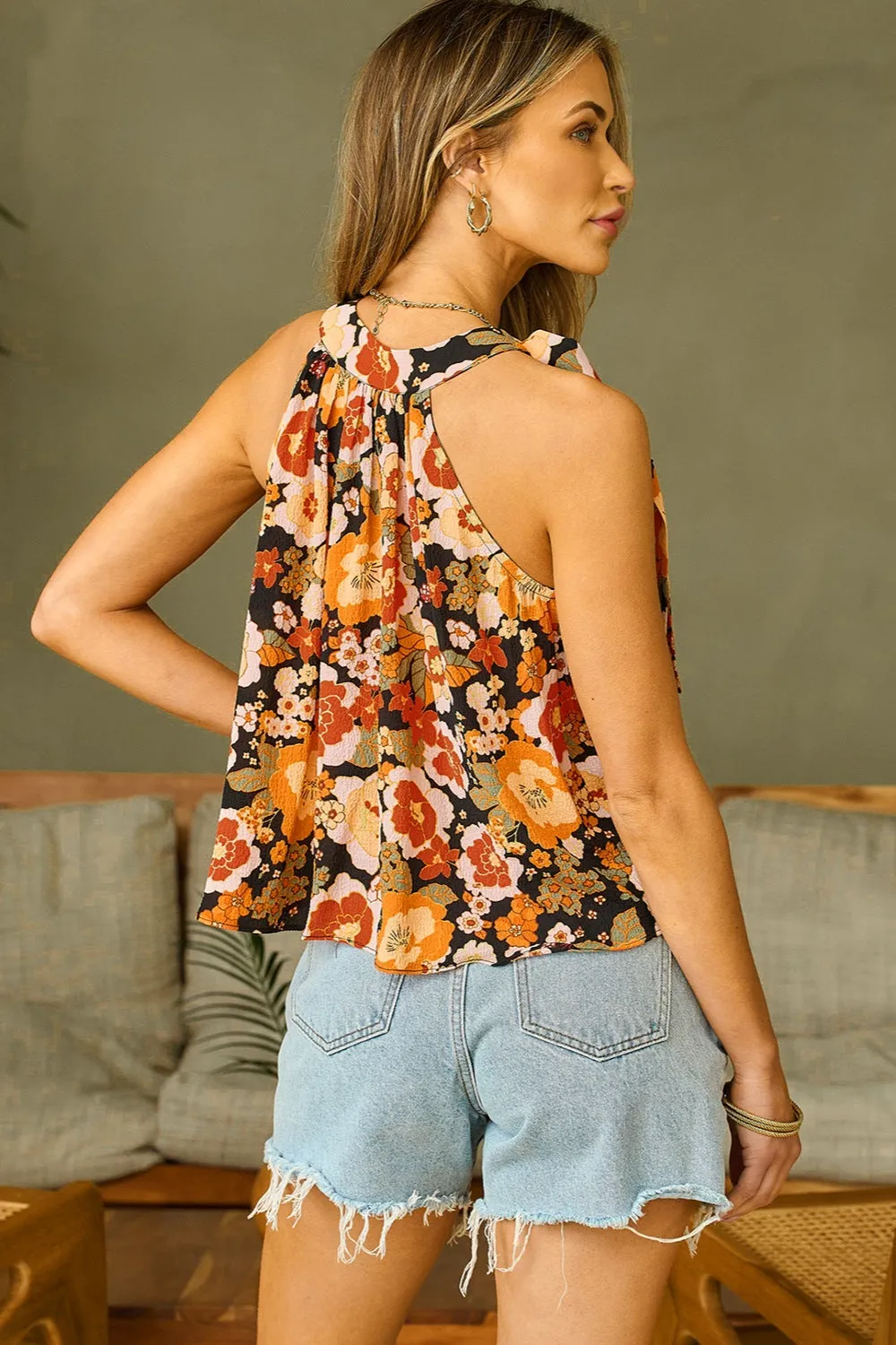 Tied Printed Grecian Neck Tank