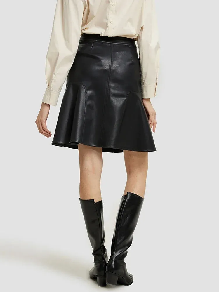 Trend4us Women's High-Waisted Faux Leather Flared Skirt