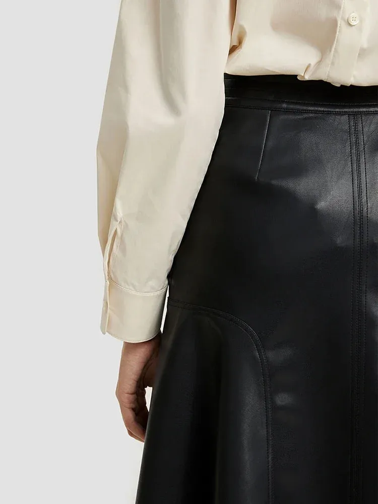 Trend4us Women's High-Waisted Faux Leather Flared Skirt