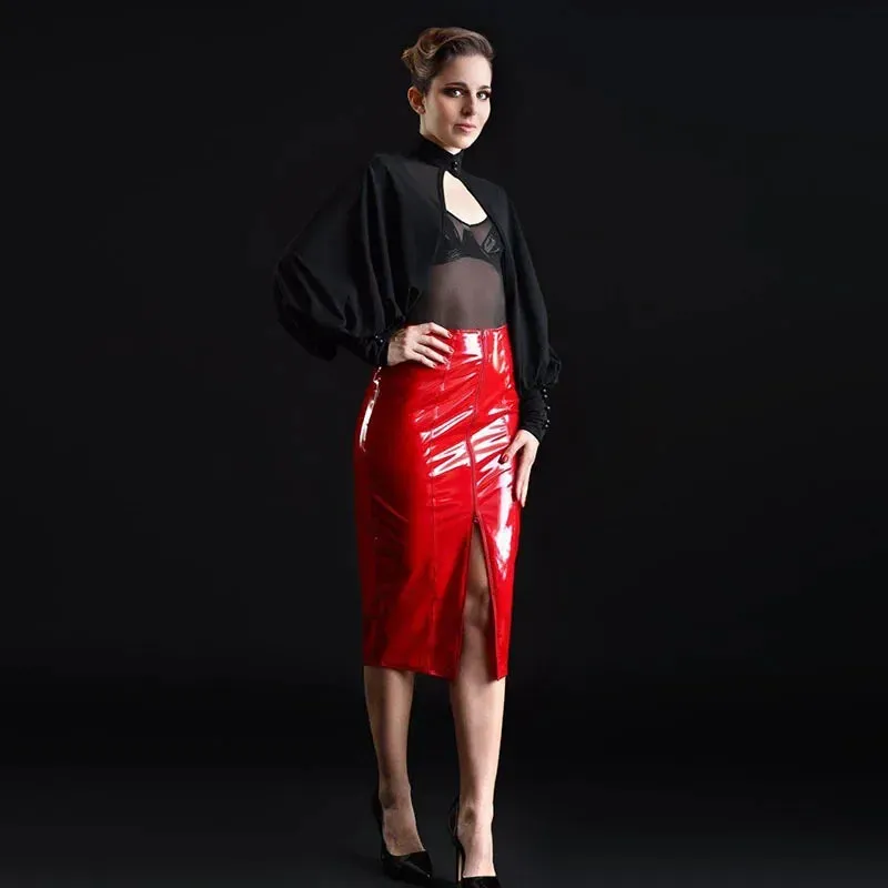 Trend4us Women's High-Waisted Shiny Latex Pencil Skirt